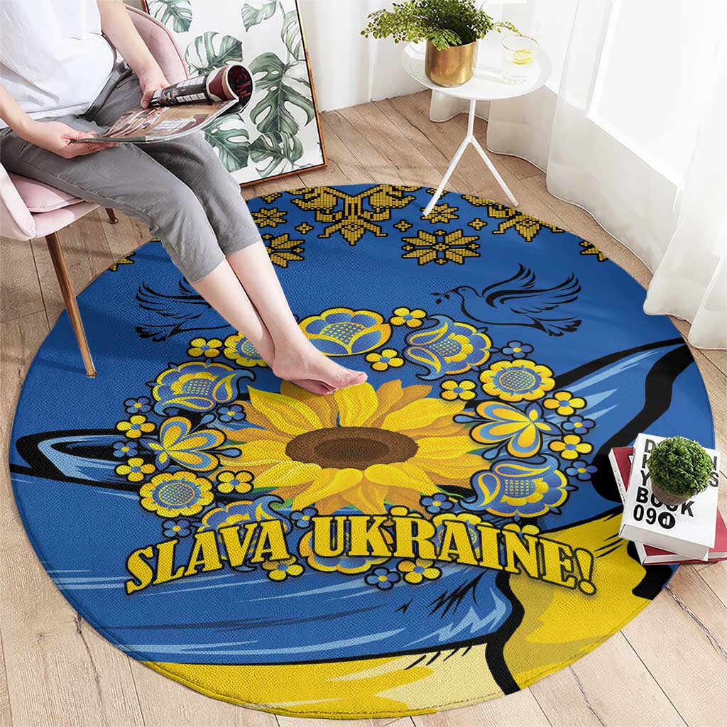 Ukraine Sunflower Peace Sign Round Carpet With Folk Patterns