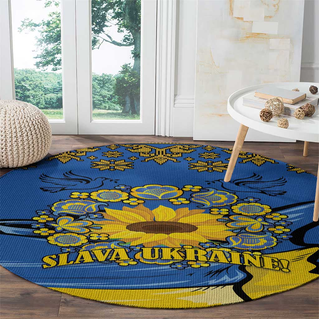 Ukraine Sunflower Peace Sign Round Carpet With Folk Patterns