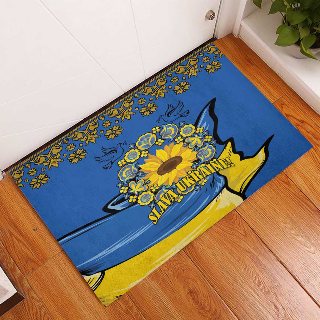 Ukraine Sunflower Peace Sign Rubber Doormat With Folk Patterns - Wonder Print Shop