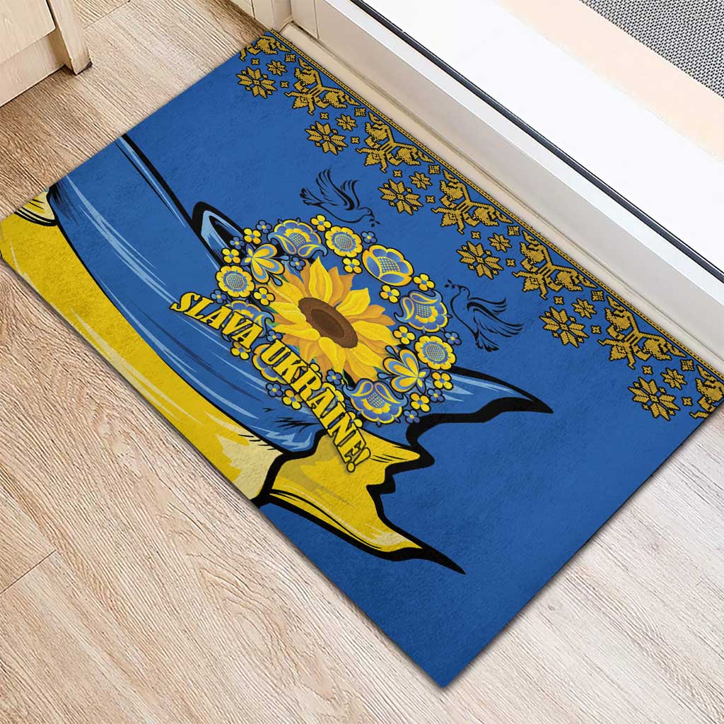 Ukraine Sunflower Peace Sign Rubber Doormat With Folk Patterns - Wonder Print Shop
