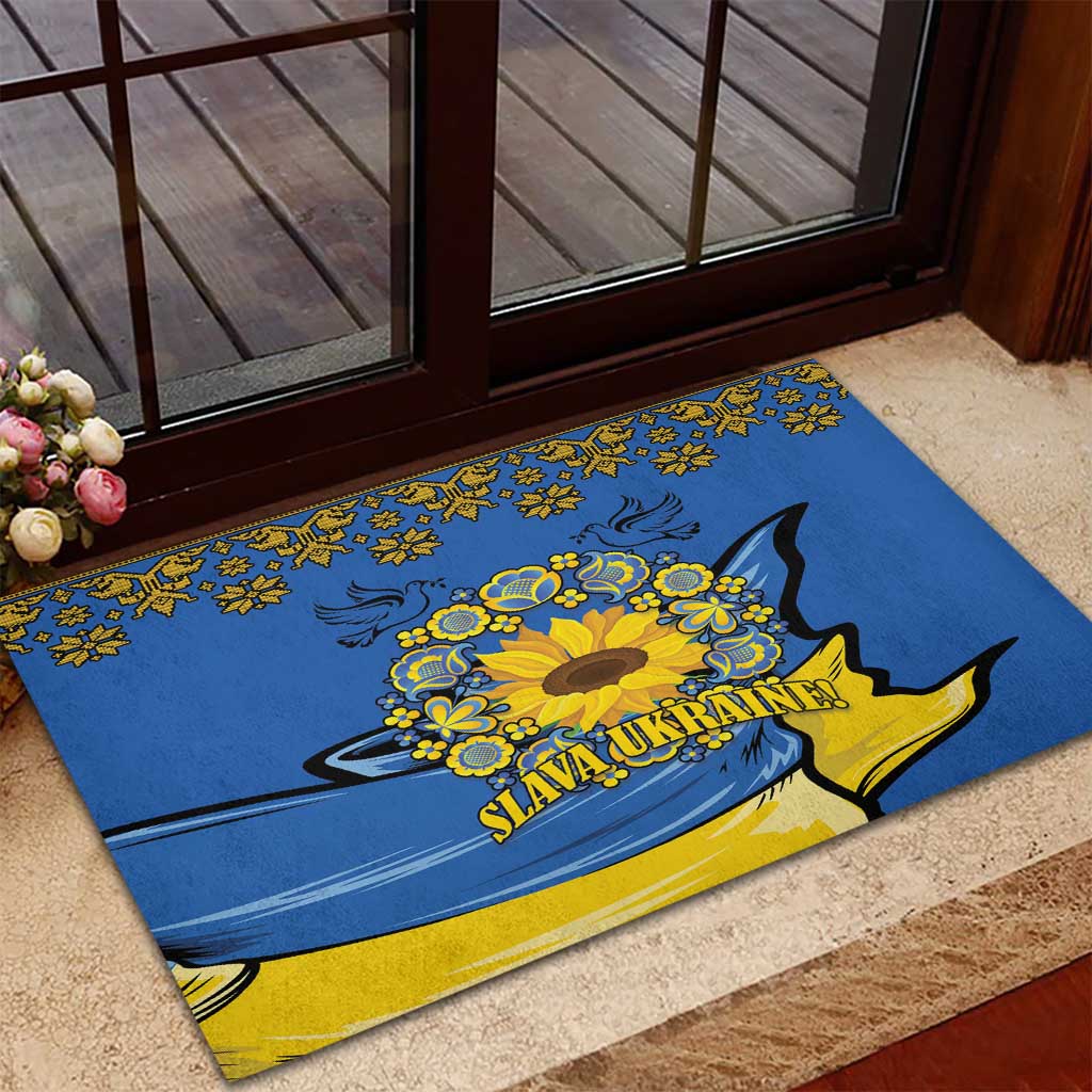 Ukraine Sunflower Peace Sign Rubber Doormat With Folk Patterns - Wonder Print Shop