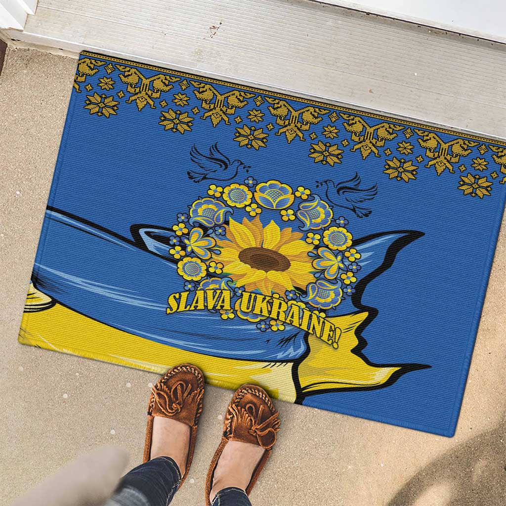 Ukraine Sunflower Peace Sign Rubber Doormat With Folk Patterns - Wonder Print Shop