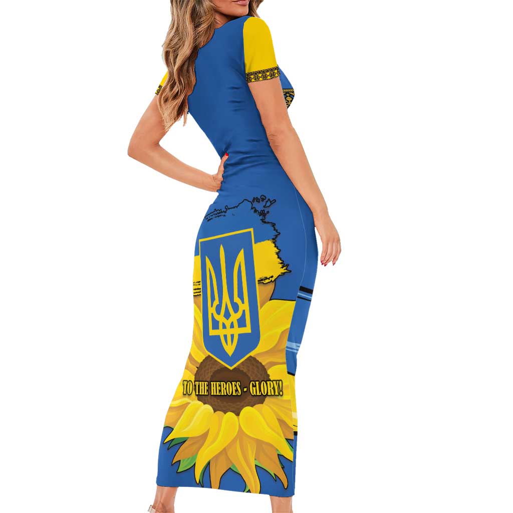 Ukraine Sunflower Peace Sign Short Sleeve Bodycon Dress With Folk Patterns - Wonder Print Shop