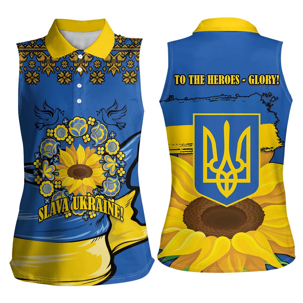 Ukraine Sunflower Peace Sign Women Sleeveless Polo Shirt With Folk Patterns - Wonder Print Shop