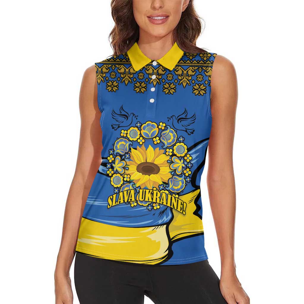 Ukraine Sunflower Peace Sign Women Sleeveless Polo Shirt With Folk Patterns - Wonder Print Shop