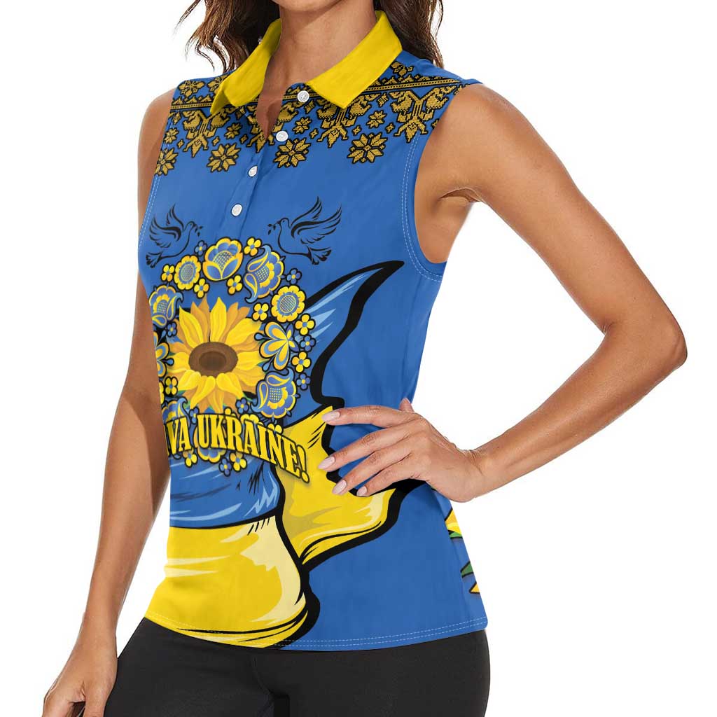 Ukraine Sunflower Peace Sign Women Sleeveless Polo Shirt With Folk Patterns - Wonder Print Shop