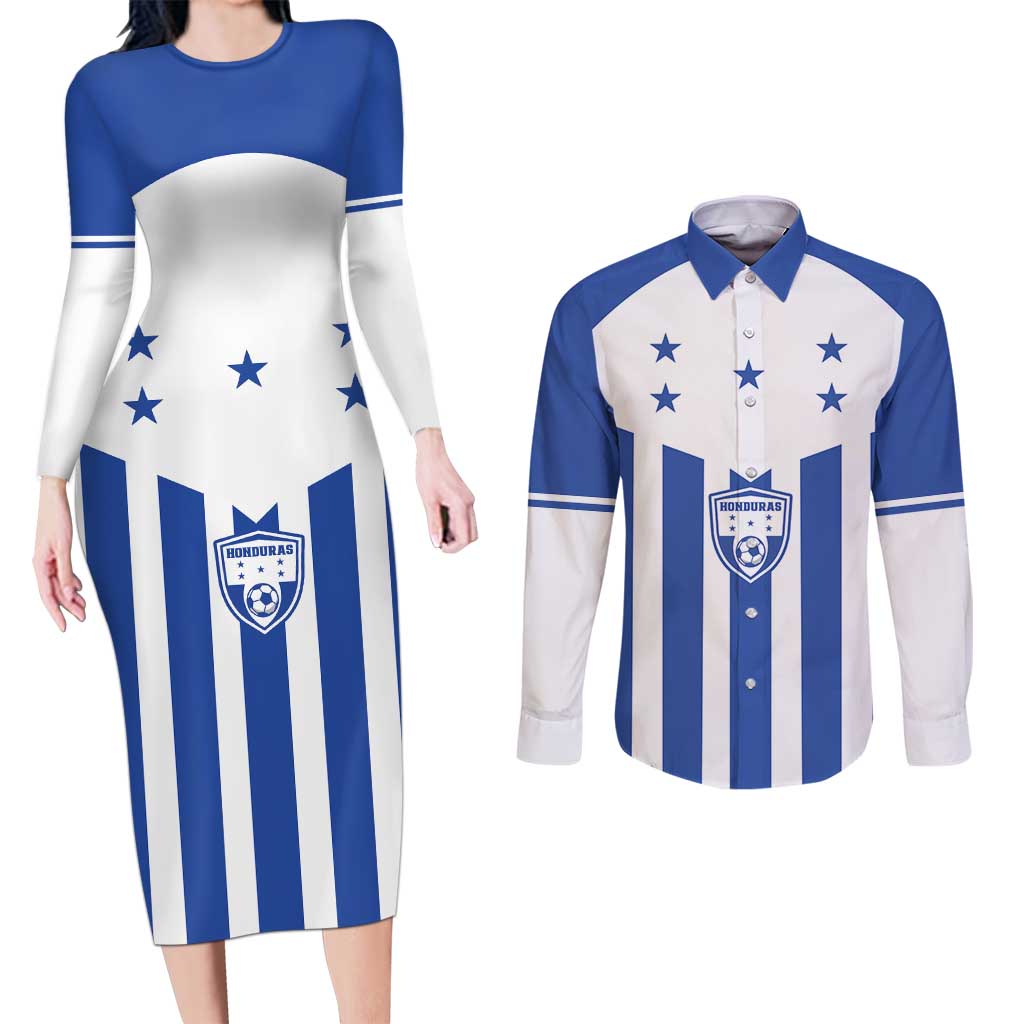 Custom Honduras Football Couples Matching Long Sleeve Bodycon Dress and Long Sleeve Button Shirt Los Catrachos Sporty Style - Wonder Print Shop