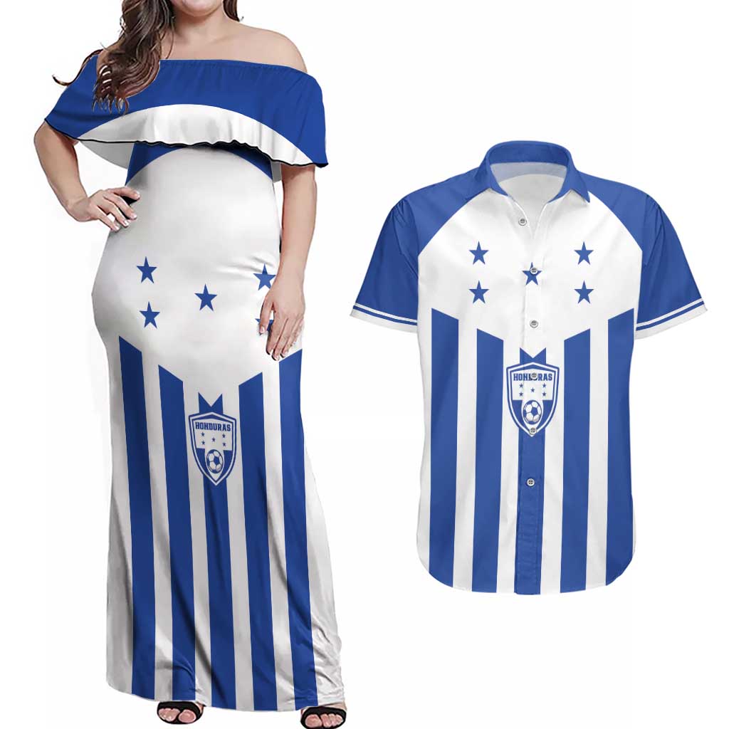 Custom Honduras Football Couples Matching Off Shoulder Maxi Dress and Hawaiian Shirt Los Catrachos Sporty Style - Wonder Print Shop