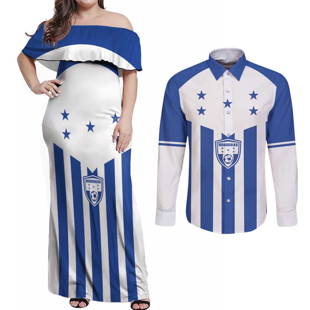 Custom Honduras Football Couples Matching Off Shoulder Maxi Dress and Long Sleeve Button Shirt Los Catrachos Sporty Style - Wonder Print Shop