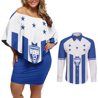 Custom Honduras Football Couples Matching Off Shoulder Short Dress and Long Sleeve Button Shirt Los Catrachos Sporty Style - Wonder Print Shop