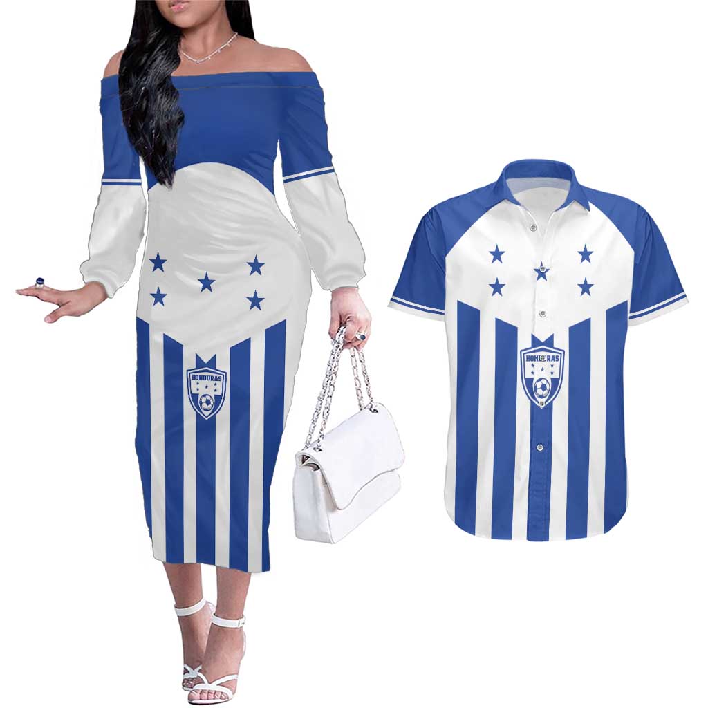 Custom Honduras Football Couples Matching Off The Shoulder Long Sleeve Dress and Hawaiian Shirt Los Catrachos Sporty Style - Wonder Print Shop