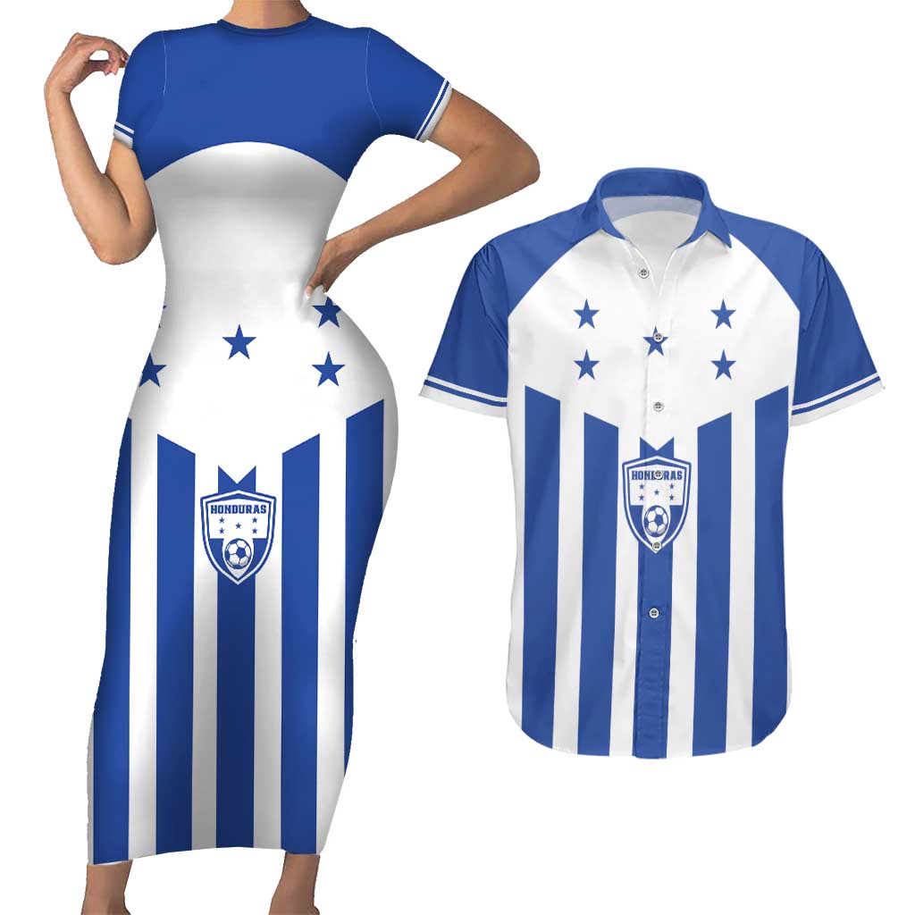 Custom Honduras Football Couples Matching Short Sleeve Bodycon Dress and Hawaiian Shirt Los Catrachos Sporty Style - Wonder Print Shop