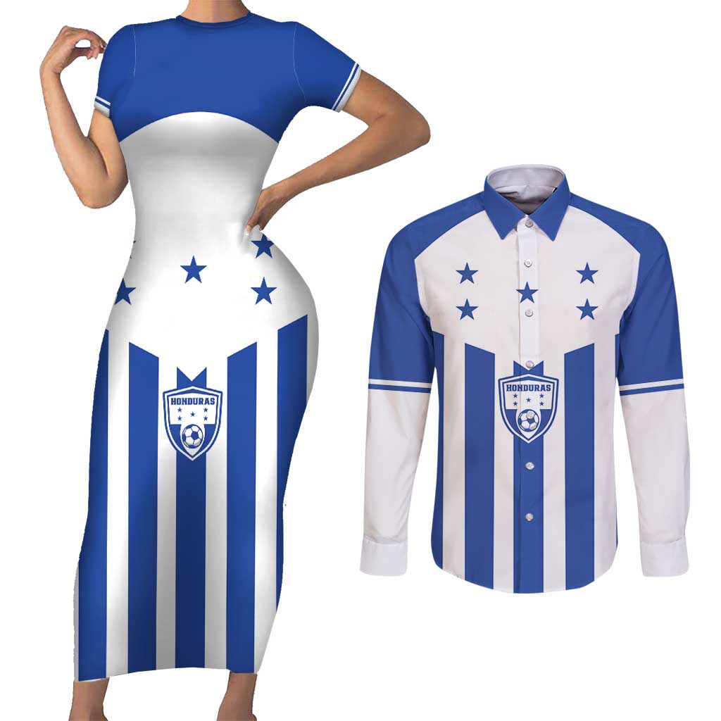 Custom Honduras Football Couples Matching Short Sleeve Bodycon Dress and Long Sleeve Button Shirt Los Catrachos Sporty Style - Wonder Print Shop