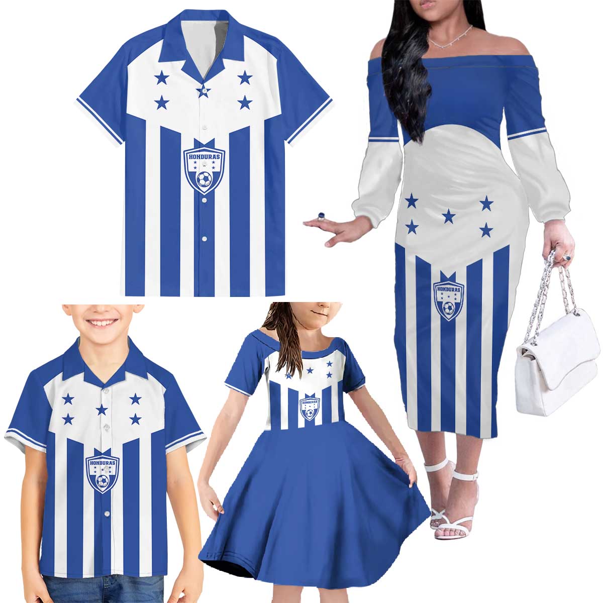 Custom Honduras Football Family Matching Off The Shoulder Long Sleeve Dress and Hawaiian Shirt Los Catrachos Sporty Style - Wonder Print Shop