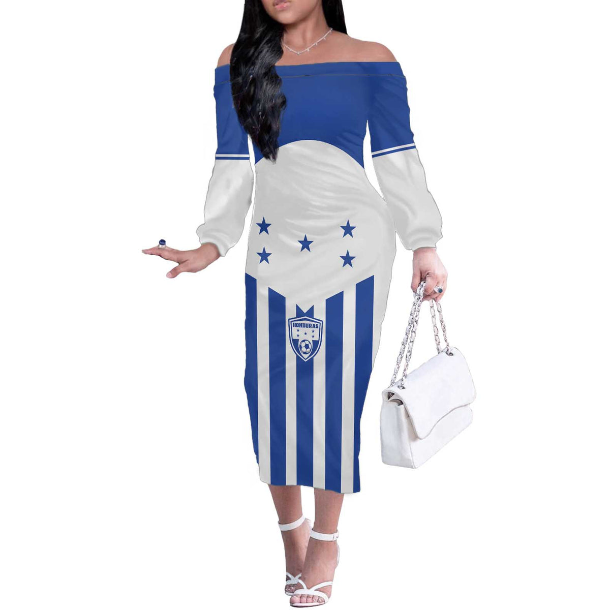 Custom Honduras Football Off The Shoulder Long Sleeve Dress Los Catrachos Sporty Style - Wonder Print Shop