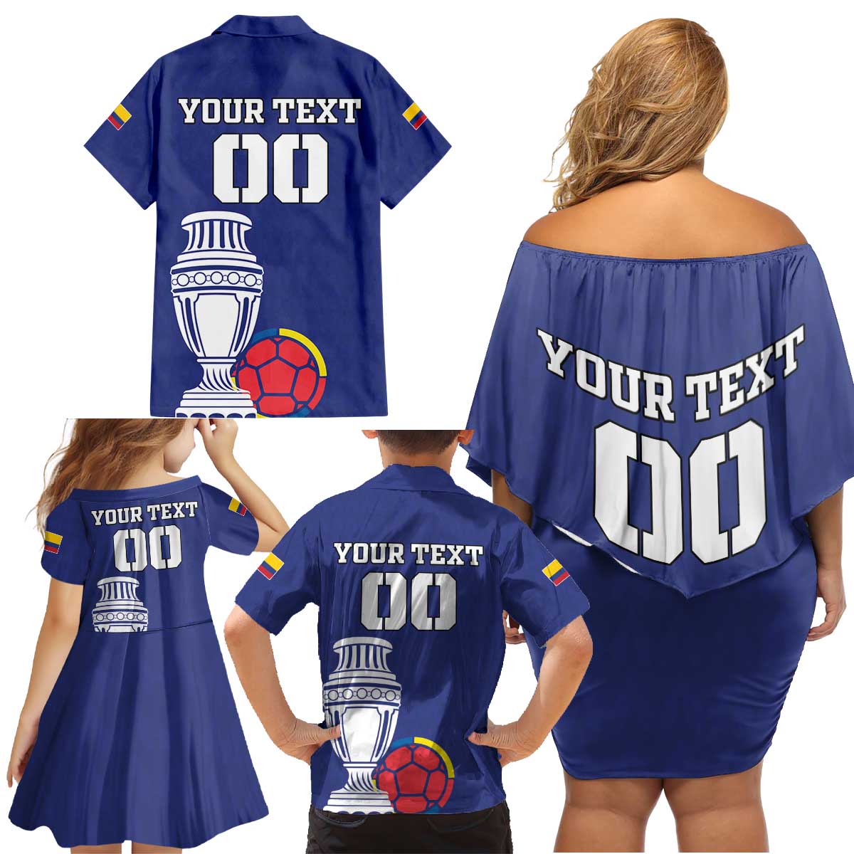 Custom Colombia Football Family Matching Off Shoulder Short Dress and Hawaiian Shirt 2024 Copa America - Wonder Print Shop