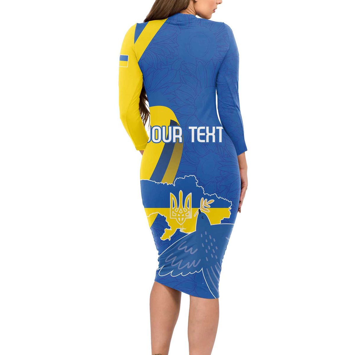 Personalized Ukraine Independence Day Long Sleeve Bodycon Dress Peace Dove Sunflower - Wonder Print Shop