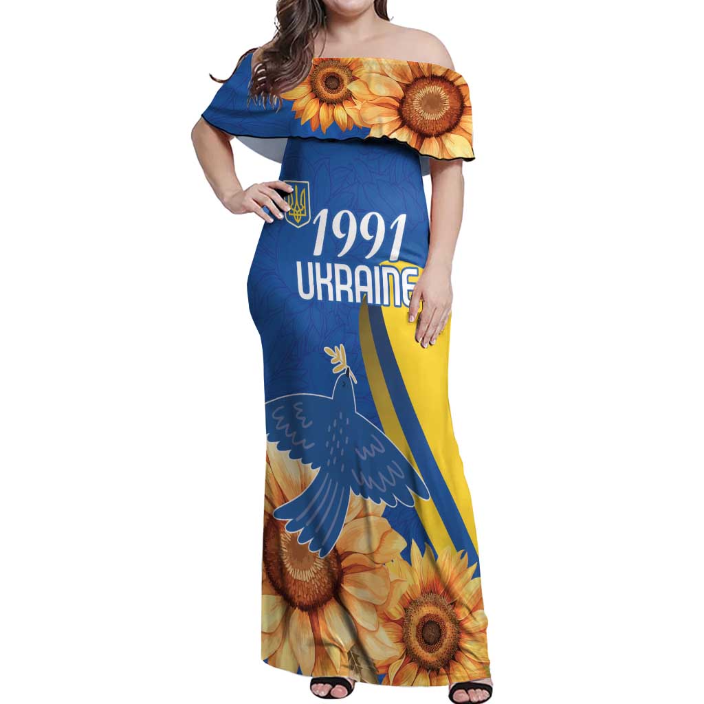 Personalized Ukraine Independence Day Off Shoulder Maxi Dress Peace Dove Sunflower - Wonder Print Shop