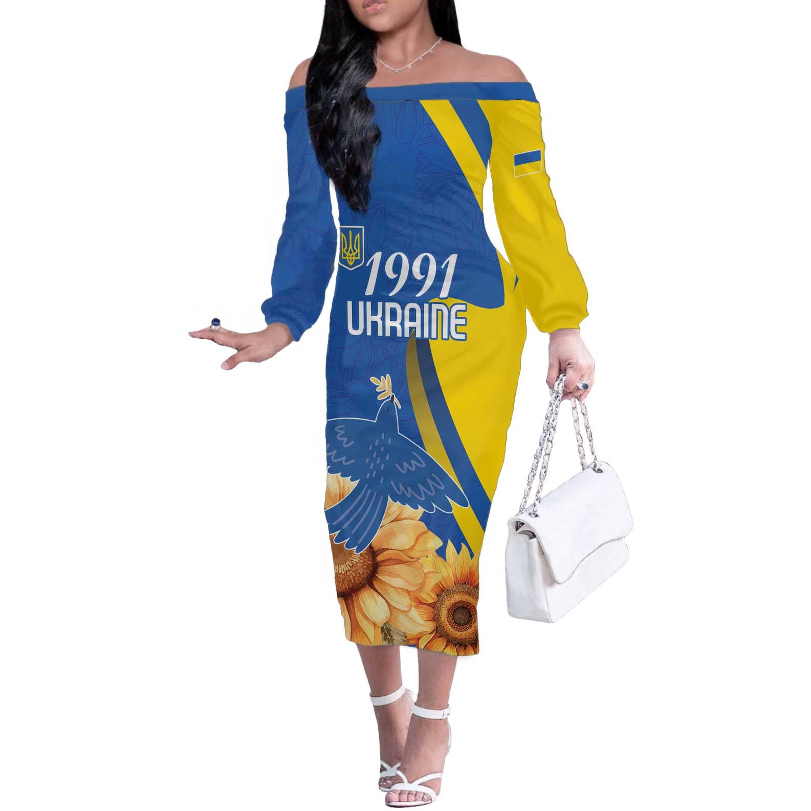 Personalized Ukraine Independence Day Off The Shoulder Long Sleeve Dress Peace Dove Sunflower - Wonder Print Shop