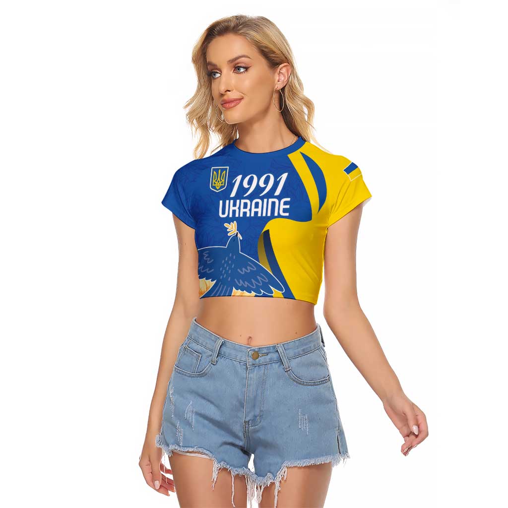 Personalized Ukraine Independence Day Raglan Cropped T Shirt Peace Dove Sunflower - Wonder Print Shop