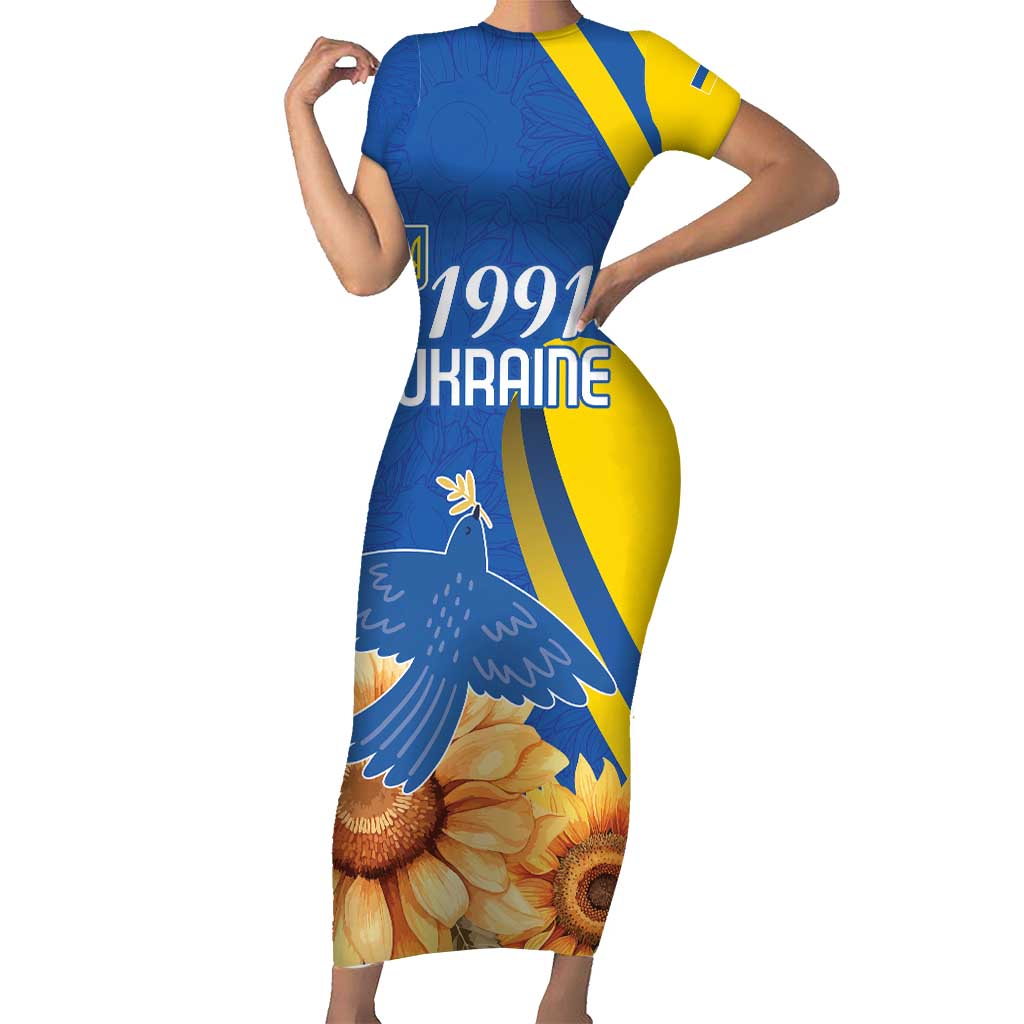 Personalized Ukraine Independence Day Short Sleeve Bodycon Dress Peace Dove Sunflower - Wonder Print Shop