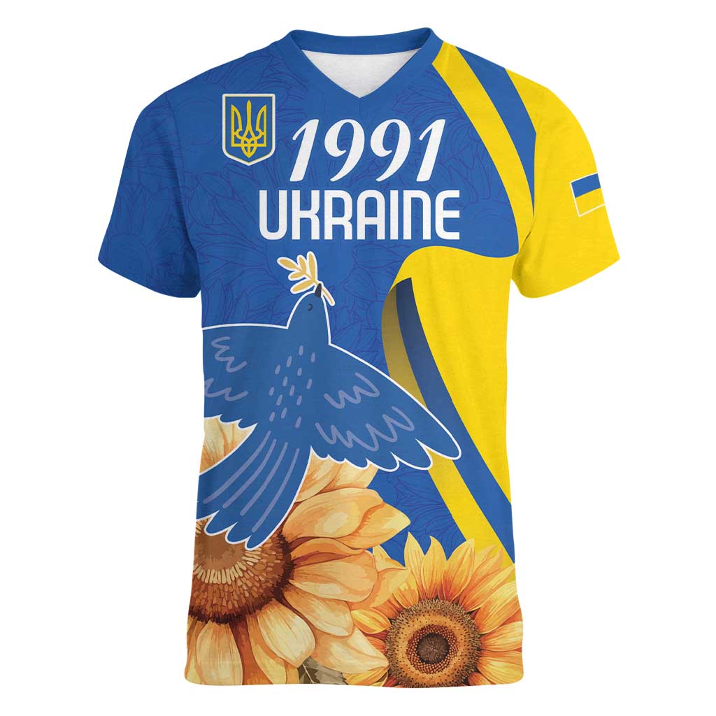 Personalized Ukraine Independence Day Women V-Neck T-Shirt Peace Dove Sunflower - Wonder Print Shop