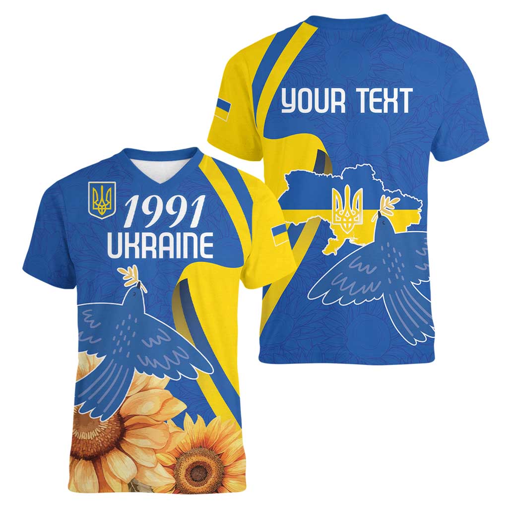 Personalized Ukraine Independence Day Women V-Neck T-Shirt Peace Dove Sunflower - Wonder Print Shop