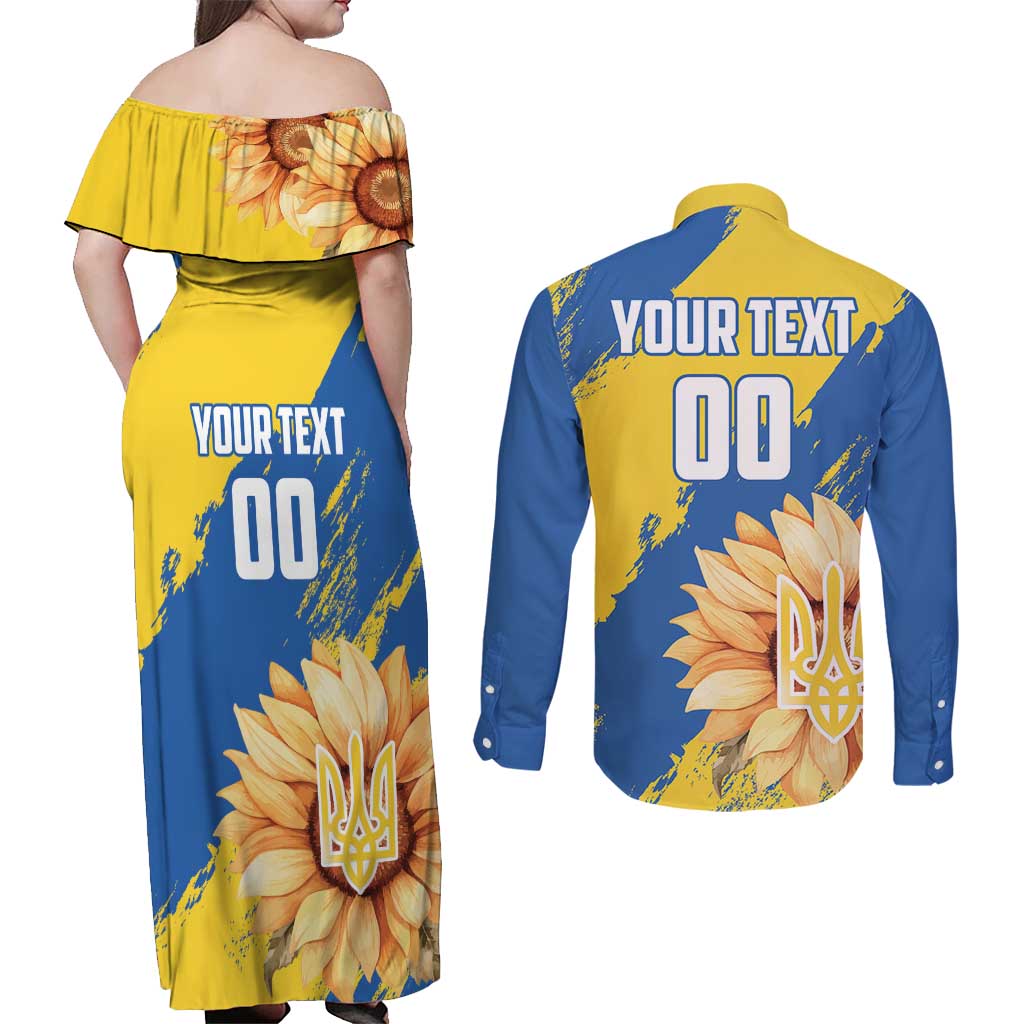 Custom Ukraine Independence Day Couples Matching Off Shoulder Maxi Dress and Long Sleeve Button Shirt Dove Of Peace With Grunge Pattern - Wonder Print Shop