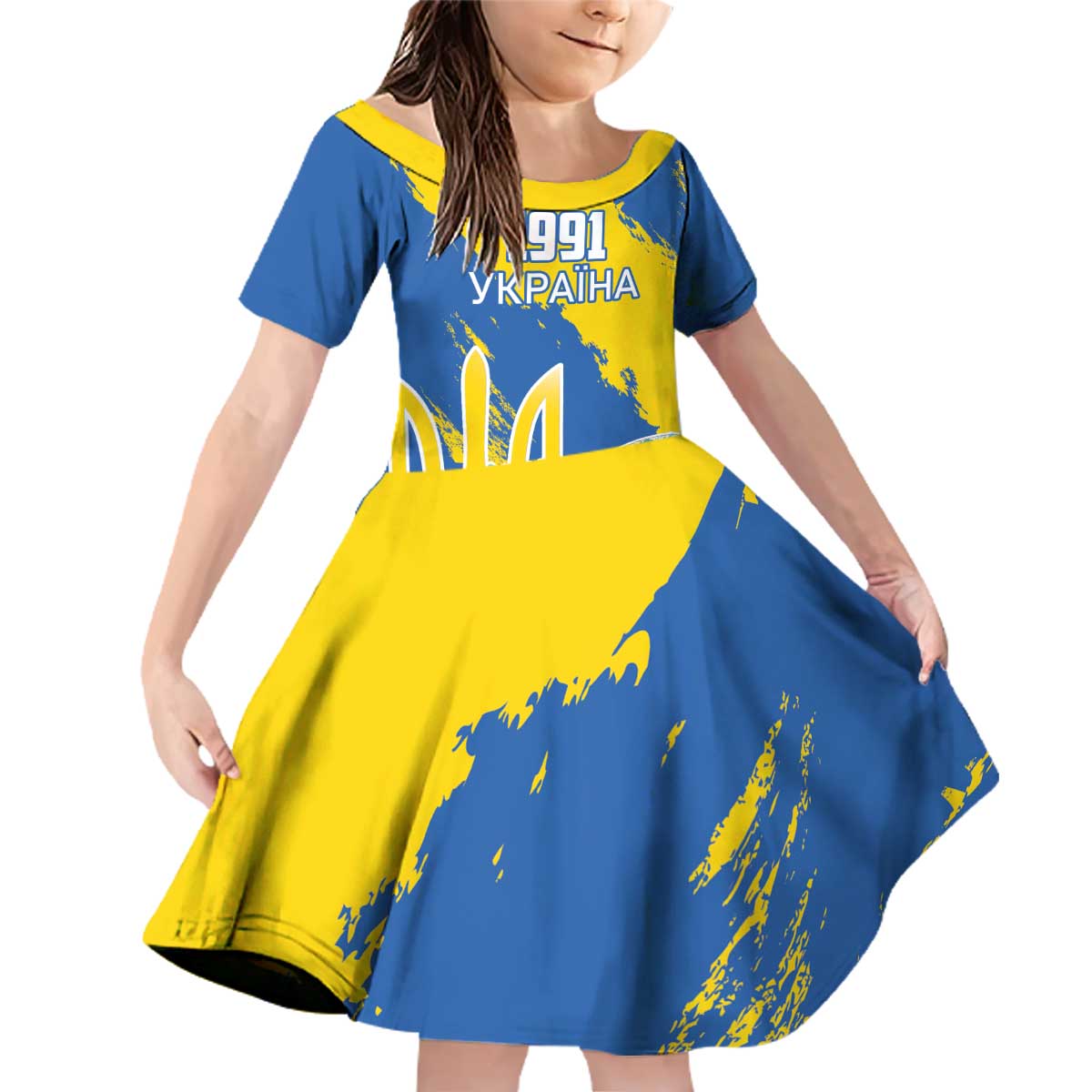 Custom Ukraine Independence Day Family Matching Off Shoulder Short Dress and Hawaiian Shirt Dove Of Peace With Grunge Pattern - Wonder Print Shop