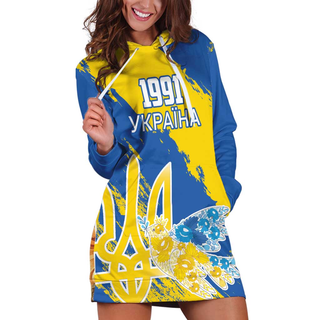 Custom Ukraine Independence Day Hoodie Dress Dove Of Peace With Grunge Pattern - Wonder Print Shop
