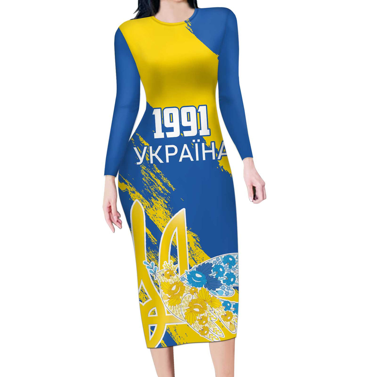 Custom Ukraine Independence Day Long Sleeve Bodycon Dress Dove Of Peace With Grunge Pattern - Wonder Print Shop