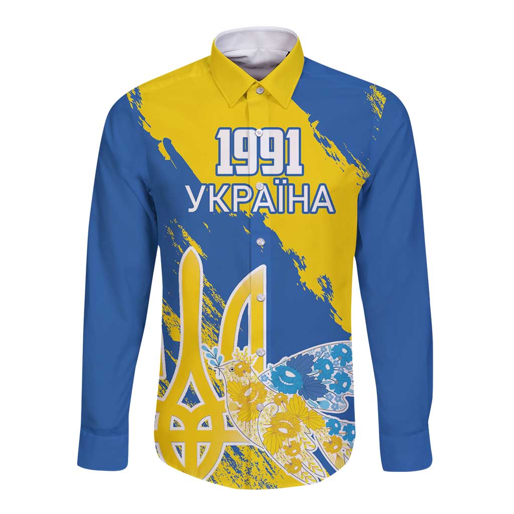 Custom Ukraine Independence Day Long Sleeve Button Shirt Dove Of Peace With Grunge Pattern - Wonder Print Shop