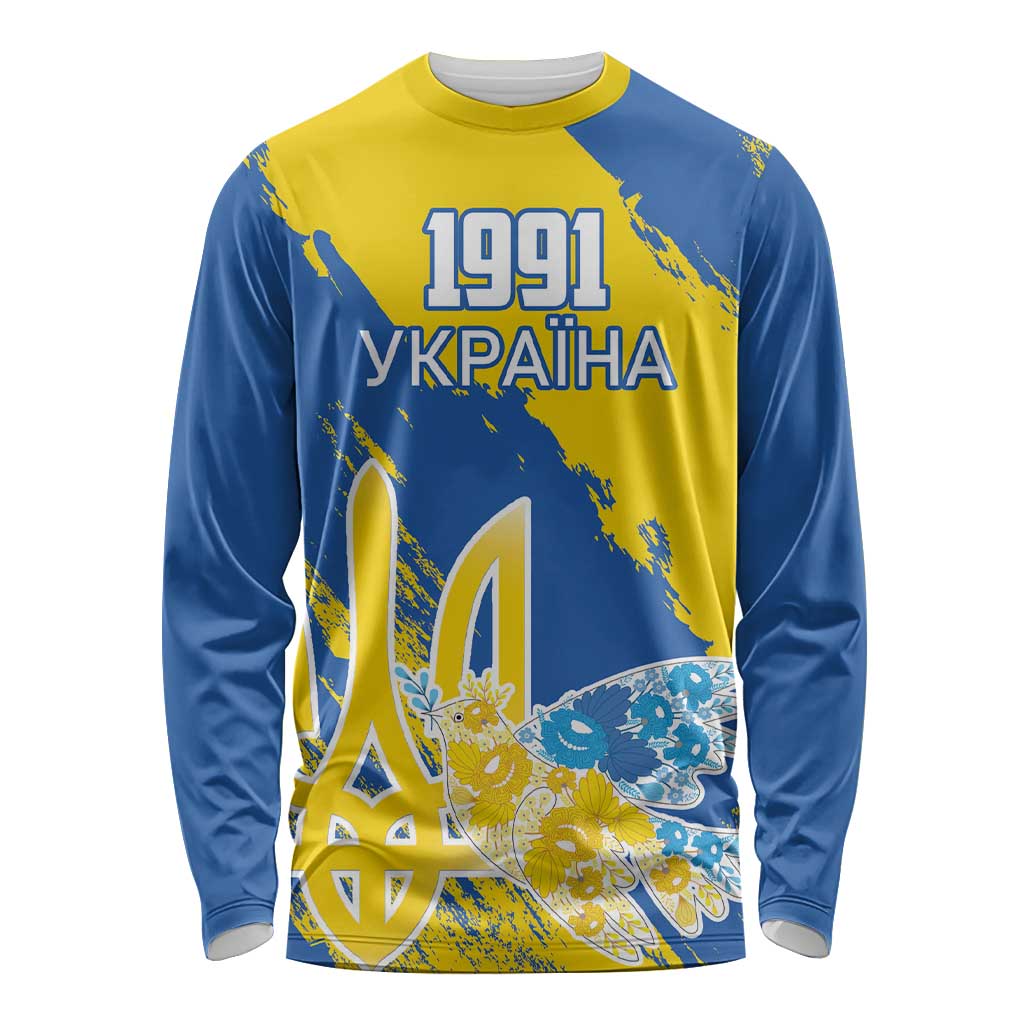 Custom Ukraine Independence Day Long Sleeve Shirt Dove Of Peace With Grunge Pattern - Wonder Print Shop