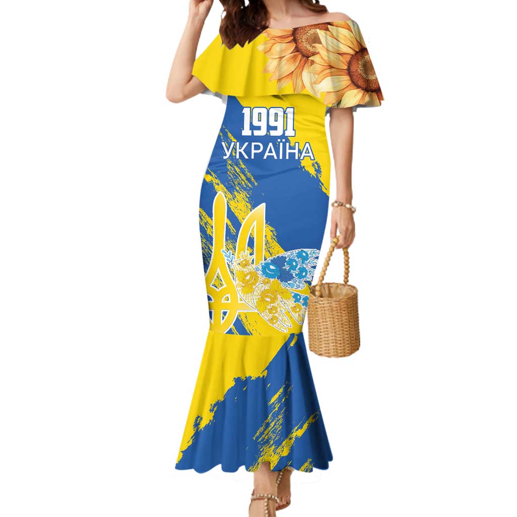 Custom Ukraine Independence Day Mermaid Dress Dove Of Peace With Grunge Pattern - Wonder Print Shop