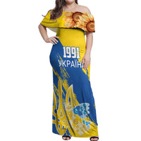 Custom Ukraine Independence Day Off Shoulder Maxi Dress Dove Of Peace With Grunge Pattern - Wonder Print Shop