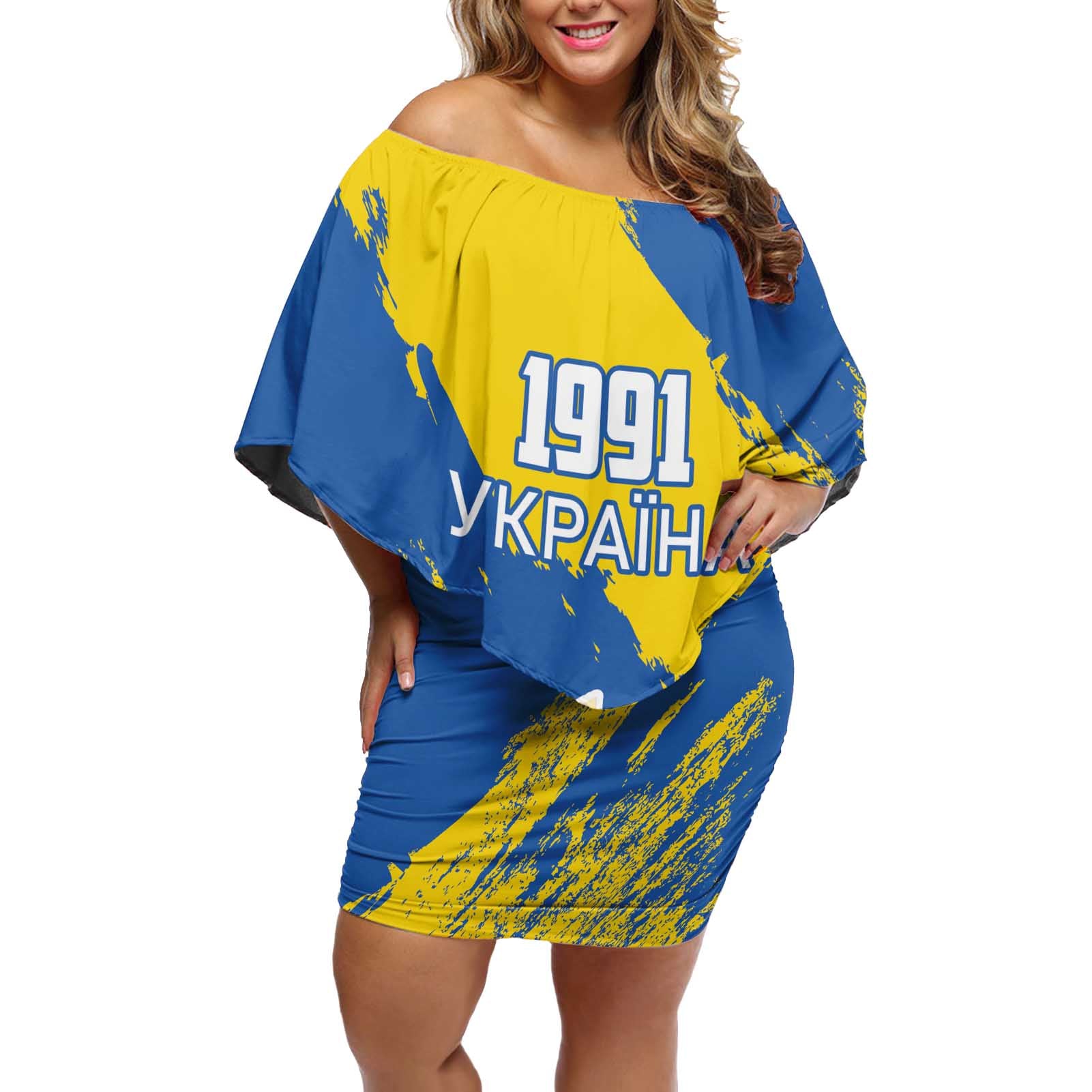 Custom Ukraine Independence Day Off Shoulder Short Dress Dove Of Peace With Grunge Pattern - Wonder Print Shop