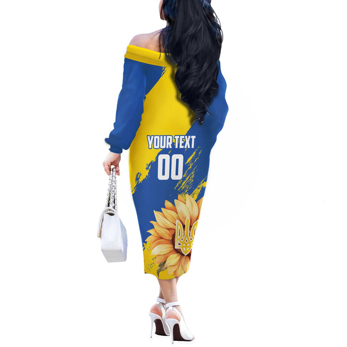 Custom Ukraine Independence Day Off The Shoulder Long Sleeve Dress Dove Of Peace With Grunge Pattern - Wonder Print Shop