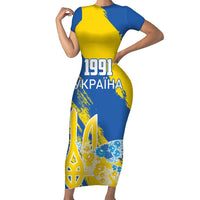 Custom Ukraine Independence Day Short Sleeve Bodycon Dress Dove Of Peace With Grunge Pattern - Wonder Print Shop