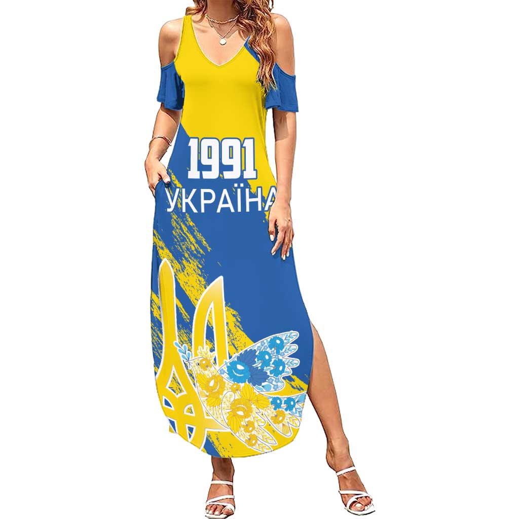 Custom Ukraine Independence Day Summer Maxi Dress Dove Of Peace With Grunge Pattern - Wonder Print Shop