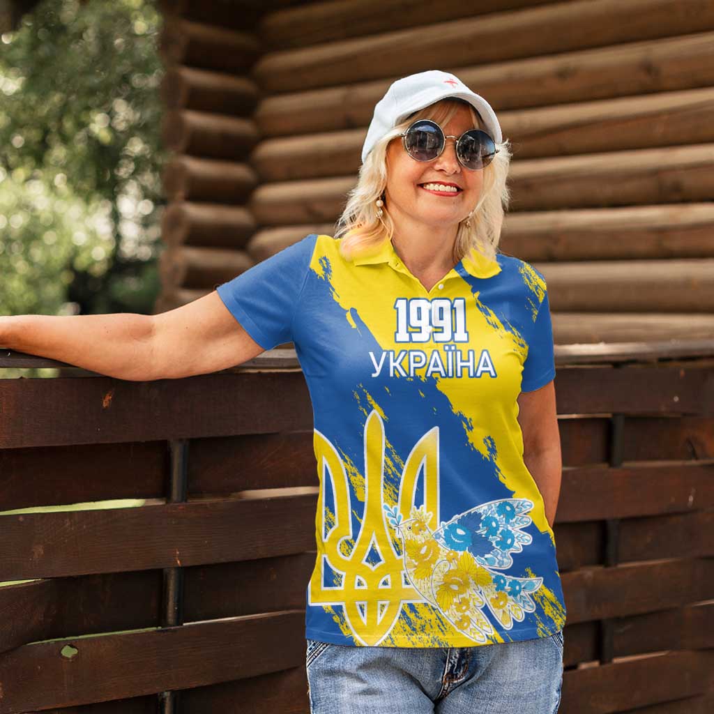 Custom Ukraine Independence Day Women Polo Shirt Dove Of Peace With Grunge Pattern - Wonder Print Shop