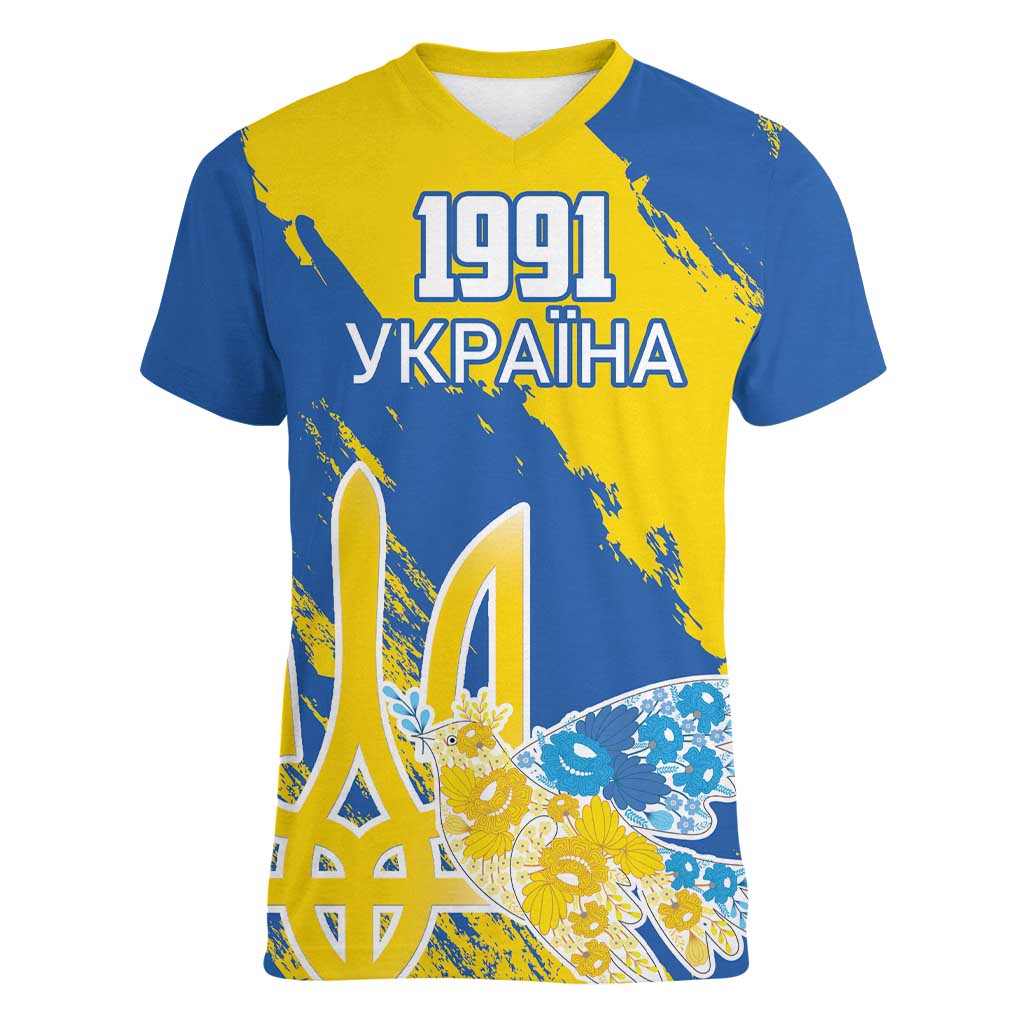Custom Ukraine Independence Day Women V-Neck T-Shirt Dove Of Peace With Grunge Pattern - Wonder Print Shop