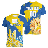 Custom Ukraine Independence Day Women V-Neck T-Shirt Dove Of Peace With Grunge Pattern - Wonder Print Shop