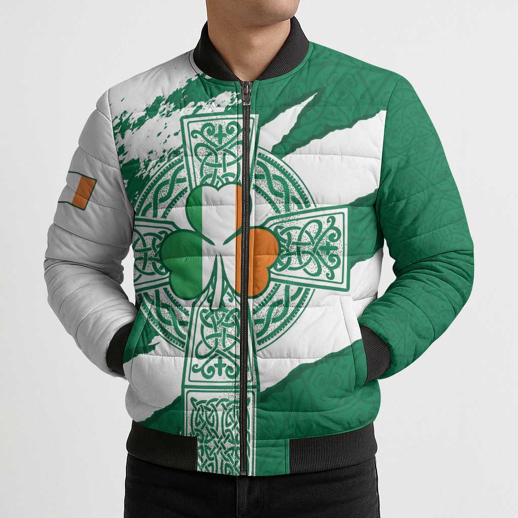Ireland Celtic Cross Bomber Puffer Jacket Irish Flag Shamrock - Wonder Print Shop