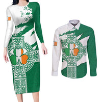 Ireland Celtic Cross Couples Matching Long Sleeve Bodycon Dress and Long Sleeve Button Shirt Irish Flag Shamrock - Wonder Print Shop