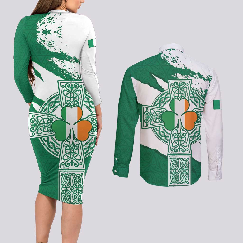Ireland Celtic Cross Couples Matching Long Sleeve Bodycon Dress and Long Sleeve Button Shirt Irish Flag Shamrock - Wonder Print Shop