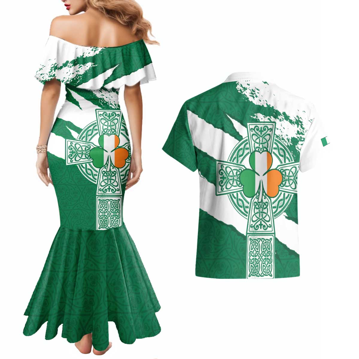 Ireland Celtic Cross Couples Matching Mermaid Dress and Hawaiian Shirt Irish Flag Shamrock - Wonder Print Shop