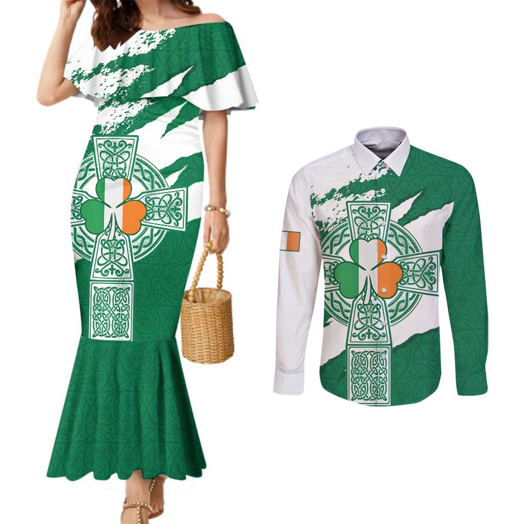 Ireland Celtic Cross Couples Matching Mermaid Dress and Long Sleeve Button Shirt Irish Flag Shamrock - Wonder Print Shop