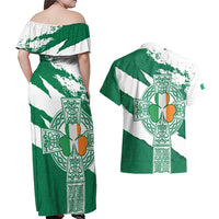 Ireland Celtic Cross Couples Matching Off Shoulder Maxi Dress and Hawaiian Shirt Irish Flag Shamrock - Wonder Print Shop