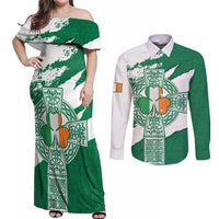 Ireland Celtic Cross Couples Matching Off Shoulder Maxi Dress and Long Sleeve Button Shirt Irish Flag Shamrock - Wonder Print Shop