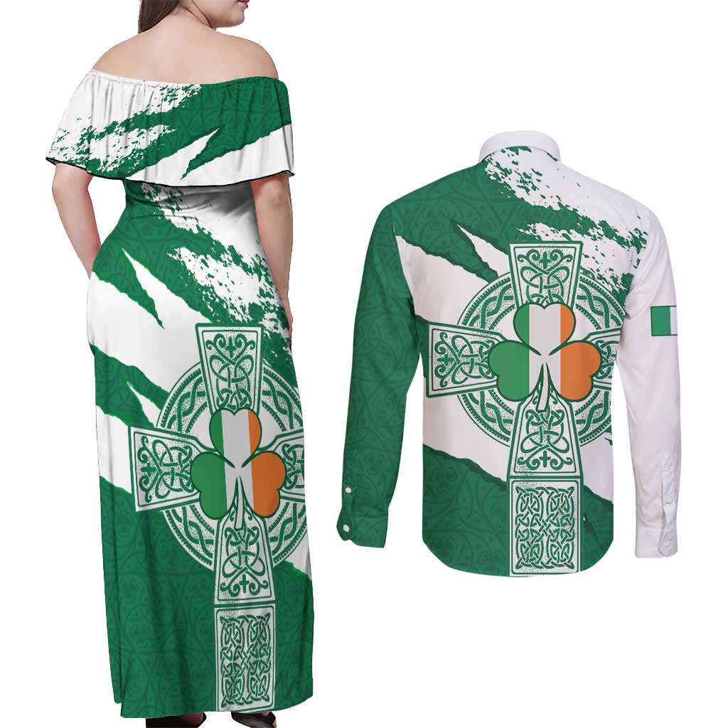 Ireland Celtic Cross Couples Matching Off Shoulder Maxi Dress and Long Sleeve Button Shirt Irish Flag Shamrock - Wonder Print Shop